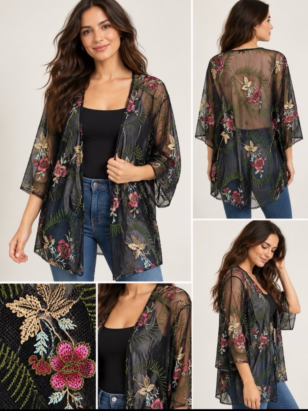 Chenault XL Black Floral Embroidered Sheer Mesh Kimono Cardigan Boho